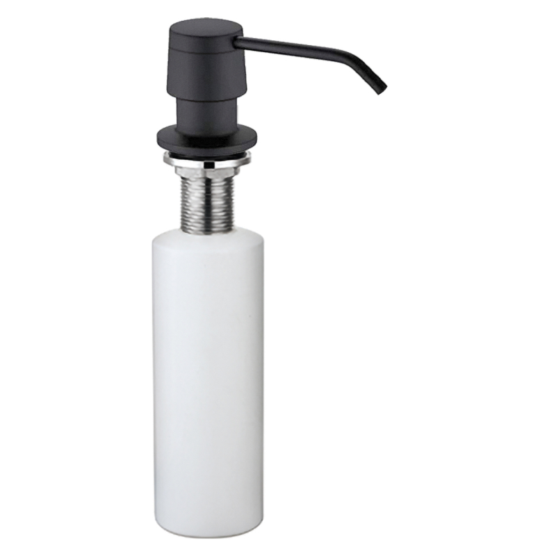 Un dispenser di sapone da banco DISP bianco e nero con un ugello a pompa e una bottiglia cilindrica.