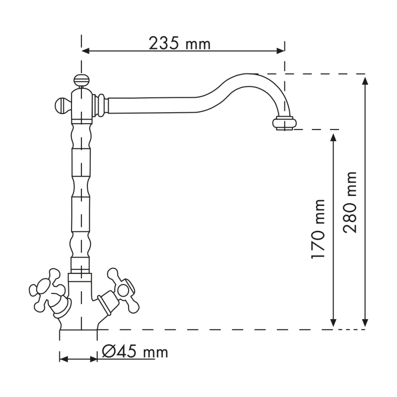 Un disegno tecnico di un rubinetto da cucina Plados IDEAOLD - Miscelatore con misure di larghezza 235 mm, altezza 280 mm, altezza bocca 170 mm e diametro base 45 mm. Sono presenti due maniglie su entrambi i lati della base del rubinetto.
