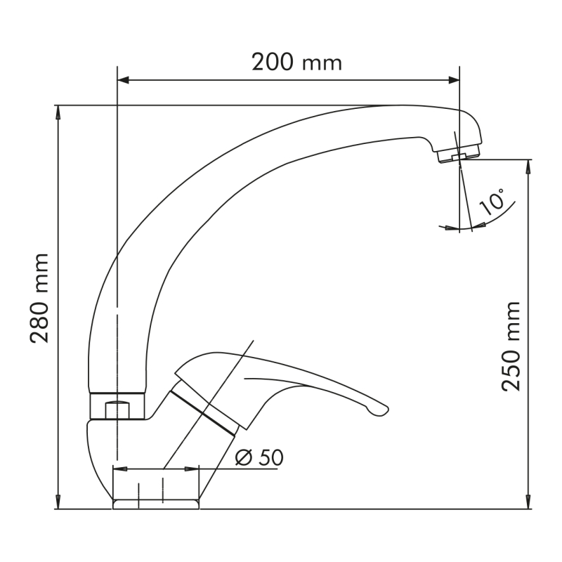 Schema di un rubinetto Plados NEOMIX - Miscelatore con dimensioni. L'altezza del rubinetto è di 280 mm, la lunghezza del beccuccio è di 200 mm, l'altezza del beccuccio è di 250 mm e il diametro della base è di 50 mm. Il beccuccio è angolato di 10 gradi.