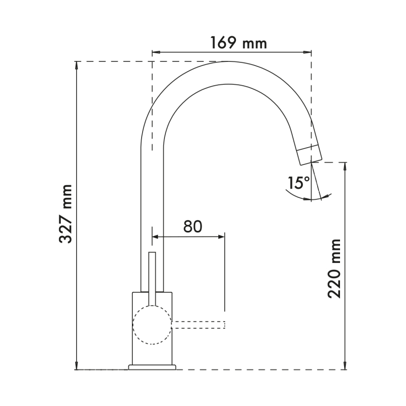 Disegno tecnico di un rubinetto Plados PETRAMIX - Miscelatore con dimensioni precise. L'altezza è 327 mm, l'altezza del beccuccio è 220 mm, la portata del beccuccio è 169 mm e la larghezza della base è 80 mm. L'angolo del beccuccio misura 15 gradi.