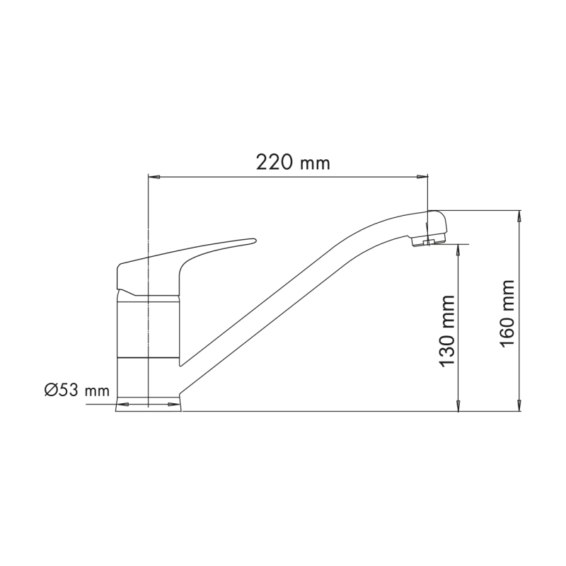 Un disegno tecnico del rubinetto Plados PLUSMIX - Miscelatore con misure minuziose: lunghezza bocca 220 mm, altezza bocca 160 mm, altezza base 130 mm e diametro 53 mm.