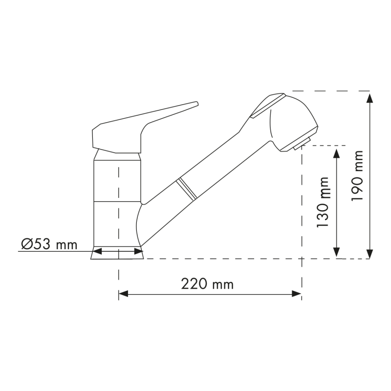 Uno schema tecnico di un rubinetto Plados PLUSMIXEXT - Miscelatore con dimensioni. Il rubinetto ha un'altezza di 190 mm, una lunghezza di 220 mm, una larghezza alla base di 53 mm e un'altezza della bocca di erogazione di 130 mm.