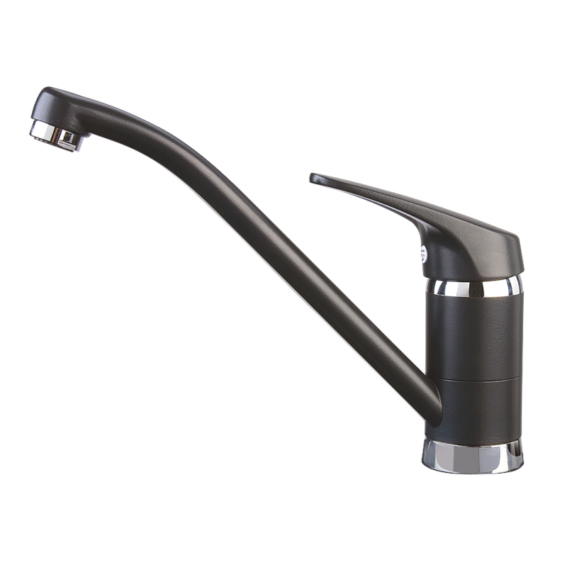 Un rubinetto da cucina Plados PLUSMIX - Miscelatore nero con bocca lunga e curva e maniglia monocomando in mostra su uno sfondo bianco immacolato.
