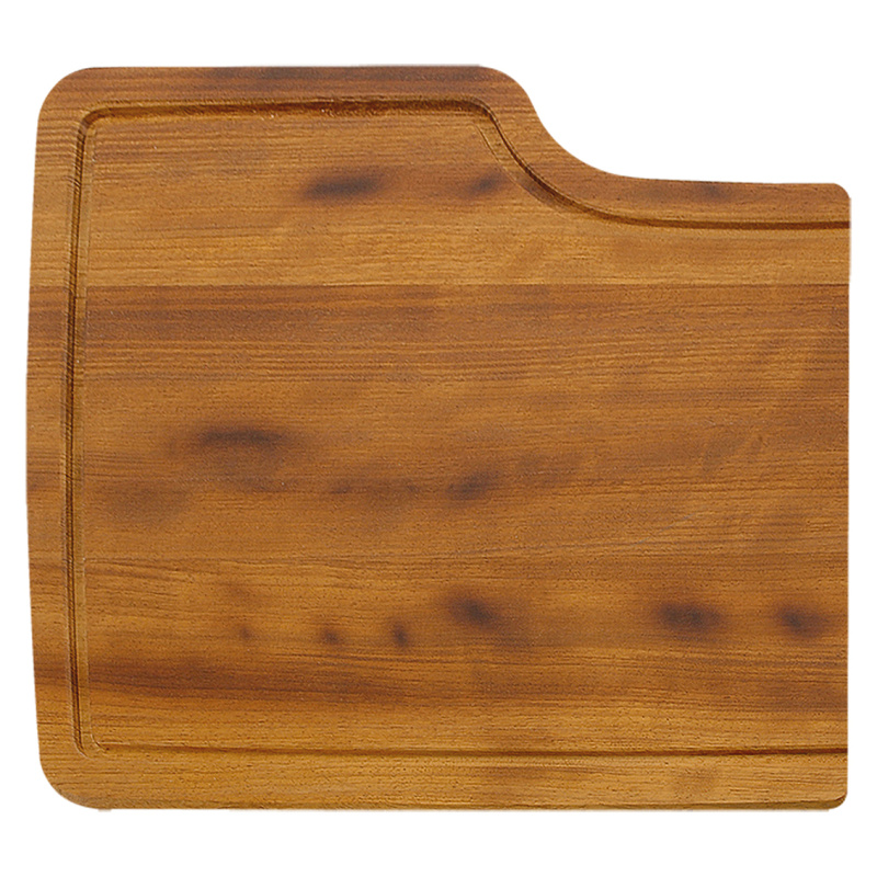 Il TAGLIERE IN LEGNO, un tagliere in legno dalla forma rettangolare con venature leggermente più scure, caratterizzato da una rientranza curva su un lato, è perfetto per l'allestimento cucina Plados TAGIRK1.