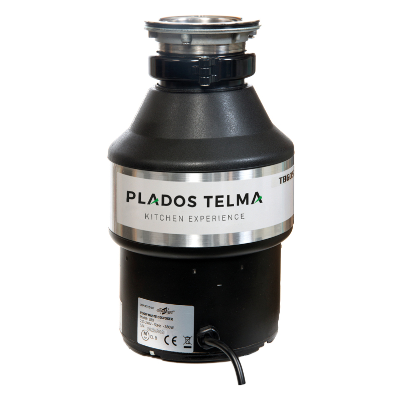 Un dissipatore di rifiuti alimentari da cucina Plados Telma nero e argento con un'etichetta indicante il modello Plados TBG05 - Tritarifiuti.