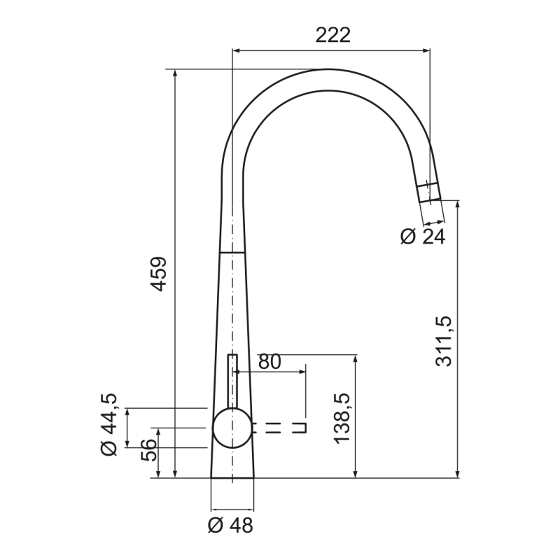 Disegno tecnico del rubinetto curvo Plados NEWMIX80 - Miscelatore con indicate le dimensioni, comprese l'altezza, la portata della bocca e i vari diametri.
