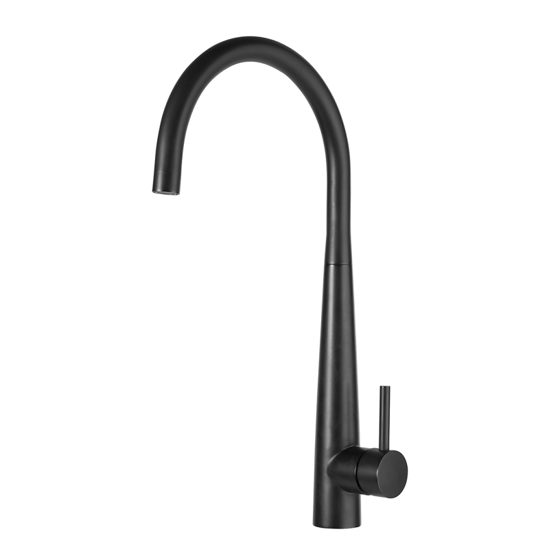 Un elegante rubinetto da cucina nero con un beccuccio alto e curvo e una maniglia laterale singola, il NEWMIX80 - Miscelatore Plados aggiunge eleganza e funzionalità a qualsiasi cucina moderna.