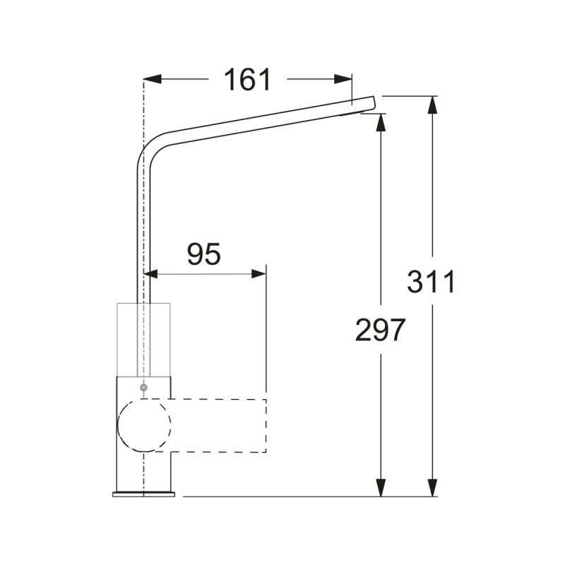 Disegno tecnico del rubinetto Plados MIG10 - Miscelatore con dimensioni etichettate: portata orizzontale 161 mm, altezza della bocca 97 mm, altezza totale 311 mm e altezza 297 mm dalla base alla sommità della bocca.