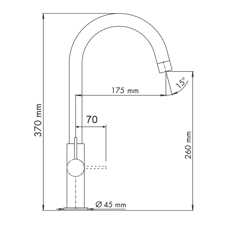 Disegno tecnico di un rubinetto da cucina Plados SLIMFIX - Miscelatore con misure: altezza 370 mm, altezza bocca 260 mm, portata bocca 175 mm, angolo bocca 15° e diametro base 45 mm.
