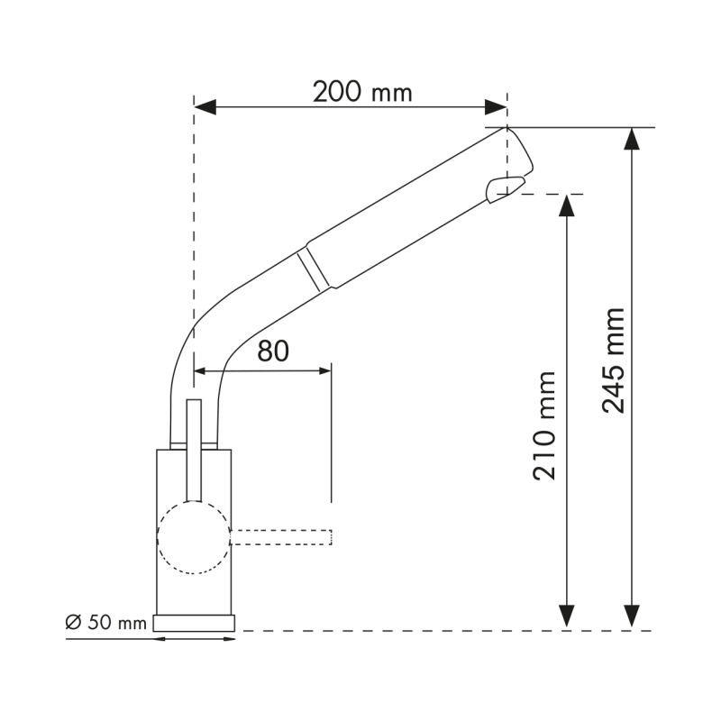 Schema di un rubinetto Plados VENMIXEXT - Miscelatore con dimensioni. L'altezza è 245 mm, la portata della bocca è 200 mm, l'altezza della bocca è 210 mm e l'altezza della base è 80 mm. Il diametro della base è di 50 mm.