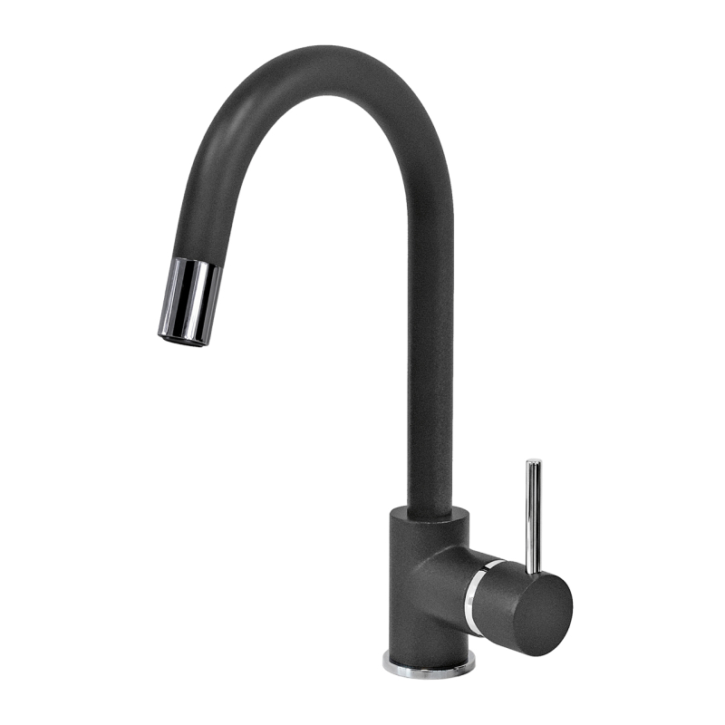Un elegante rubinetto da cucina nero con bocca curva e maniglia monocomando, caratterizzato dal design innovativo di Plados PUNTOBPEX - Miscelatore.