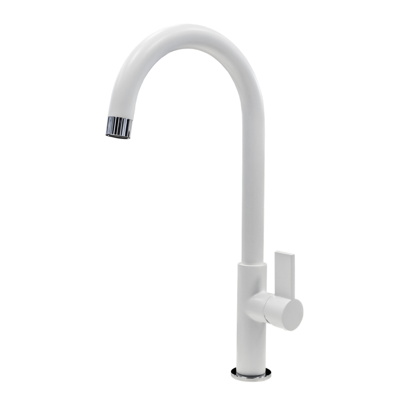 Un rubinetto da cucina bianco minimalista con bocca ad arco alto e maniglia singola, caratterizzato dal design elegante di Plados SLIMFIX - Miscelatore.