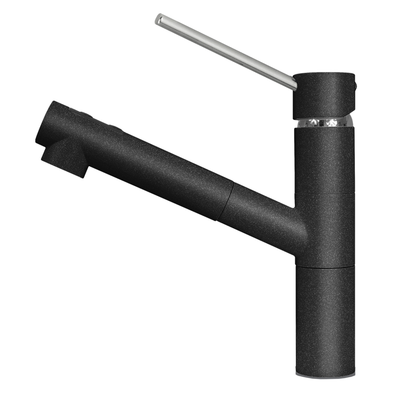 Un rubinetto da cucina Plados TIZMIXEXT - Miscelatore nero con maniglia monocomando e bocca laterale, progettato per una moderna configurazione del lavello.