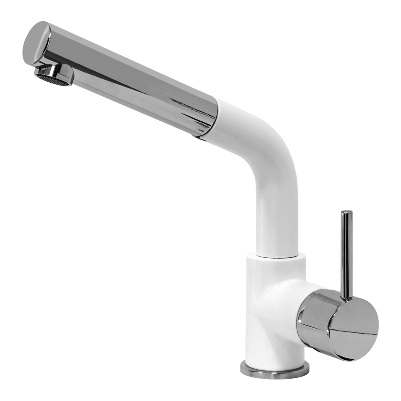 Un moderno rubinetto da cucina Plados VENMIXEXT - Miscelatore bianco e cromato con maniglia monocomando e dal design elegante.