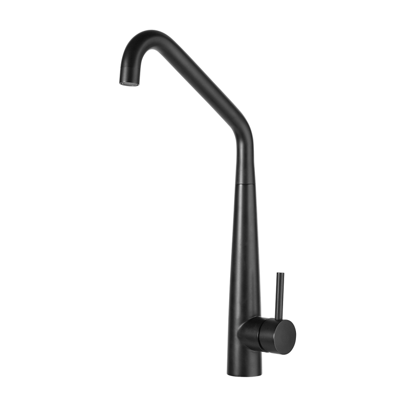 Un rubinetto da cucina nero opaco con un arco alto e una maniglia singola sul lato destro, il Plados NEWMIX30 offre eleganza e funzionalità.