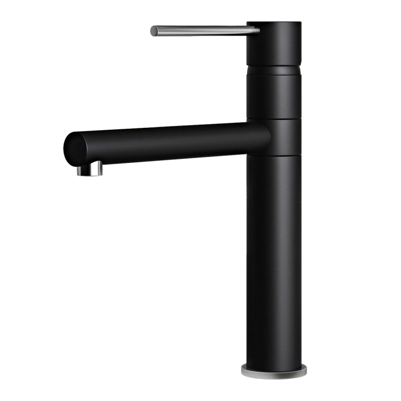Un moderno rubinetto da cucina Plados COLONNA - Miscelatore nero dal design cilindrico e maniglia monocomando.